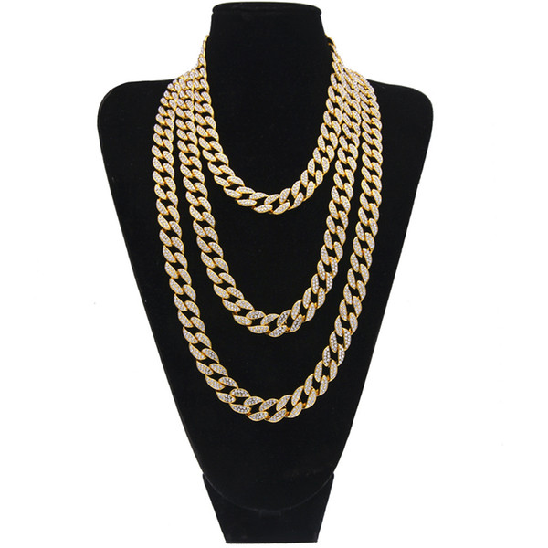 Iced Out Bling Rhinestone Crystal Gold Finish Miami Cuban Link Chain Men And Women Hip Hop Charm Necklace Jewelry