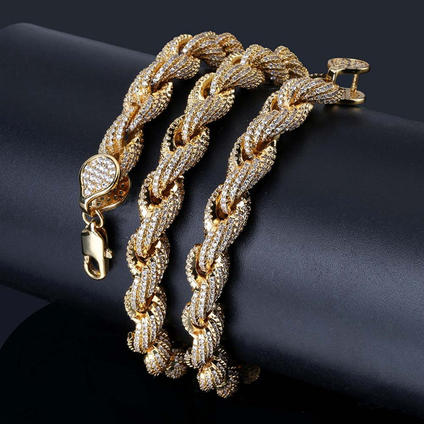 New Style Gold Plated Full CZ Cubic Zirconia Rope Chain Necklace 8mm Full Diamond Silver Hip Hop Punk Rock Jewelry Gifts for Guys Wholesale