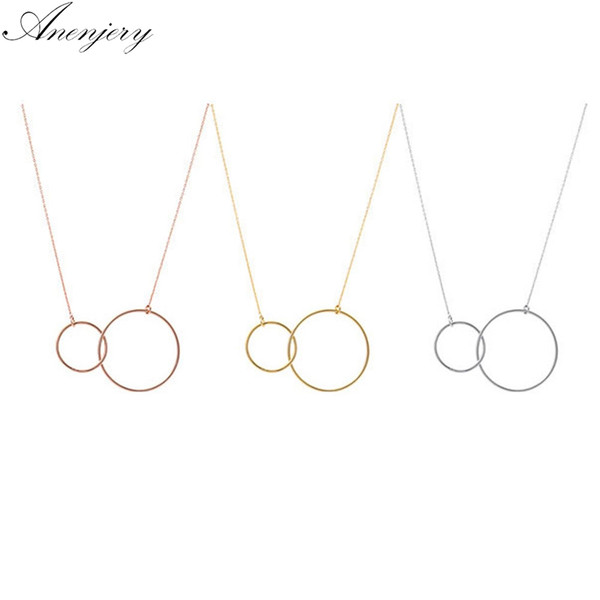 Anenjery 3 Colors Double Circle Interlock Clavicle Short Necklace 925 Sterling Silver Necklace For Women collares kolye S-N333