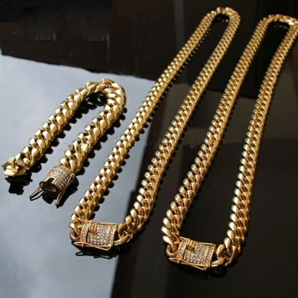 14mm Cool Mens Chain Gold Tone 316L Stainless Steel Necklace Curb Cuban Link Chain and Bracelets Set with Diamond Clasp Lock 2PCS Jewelry