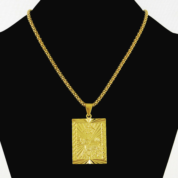 Men's Boy's Fashion Hiphop Jewelry 24K Pure Gold Color Square Pendants Necklace Vintage Gold Plating Necklaces Popcorn Chain