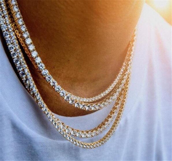 Men's Hip Hop Bling Bling Iced Out Tennis Chain 1 Row Necklaces Luxury Brand Silver/Gold Color Men Chain Fashion Jewelry T108