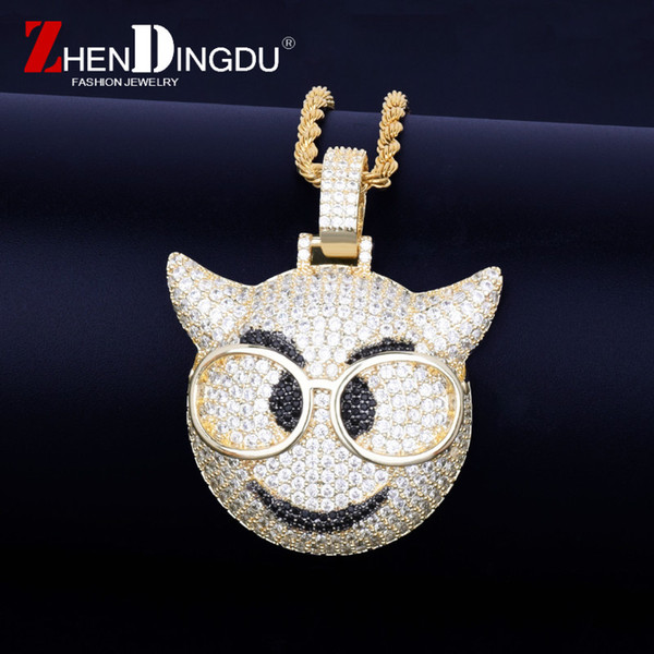 With Glasses Demon Emoji Pendant With Tennis Chain Gold Silver Color Bling Cubic Zircon Men's Hip hop Jewelry Gift