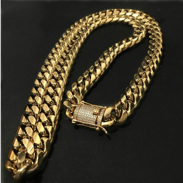 14mm Mens Cuban Miami Link Necklace Stainless steel Rhinestone Clasp Iced Out Gold Silver Hip hop Chain Necklace 78cm K2214