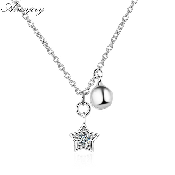 Anenjery Simple Fashion 925 Sterling Silver Zircon Star Bell Pendant Necklace For Women Girl Short Necklace Birthday Gift S-N259