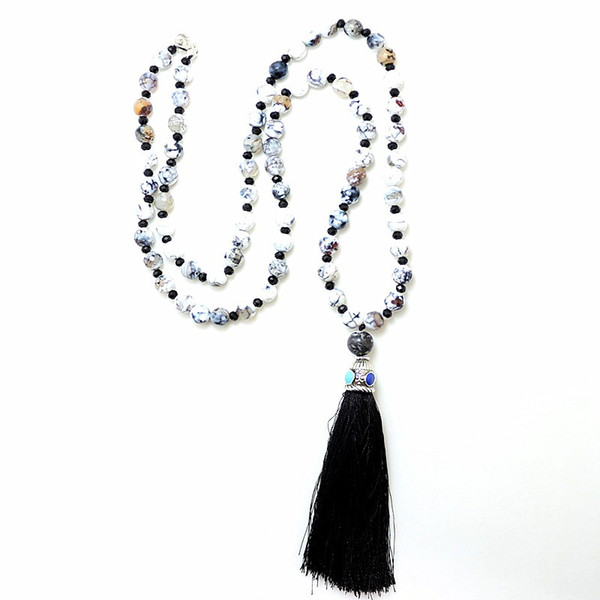 Fashion 8mm Stones Rosary Chain Black Tassel Pendant Mala Necklace Handmade Women Natural Stone Bead Necklace