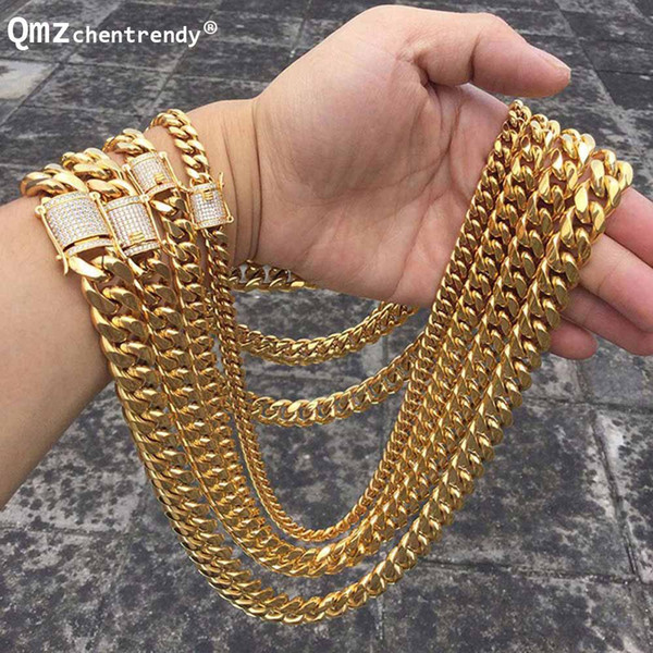 Hip hop 10/14mm Men Cuban Miami Chain Necklace Stainless steel Rhinestone Clasp Iced Out Gold Silver casting Chain Necklaces