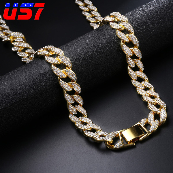 US7 Rock 15mm Miami Curb Cuban Hip Hop Rapper Necklace For Men Gold Crystal Iced Out Clasp Link Bling Bling Chain Jewelry Choke