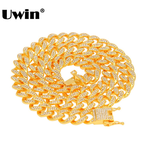 Uwin Miami Cuban Link Chain Necklace 13mm Full Bling Bling Iced Out Rhinestones Silver Gold Color Fashion Jewelry Necklace