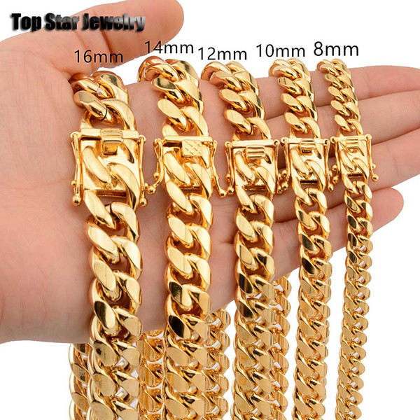 8mm/10mm/12mm/14mm/16mm Stainless Steel Jewelry 18K Gold Plated High Polished Miami Cuban Link Necklace Punk Curb Chain K3587