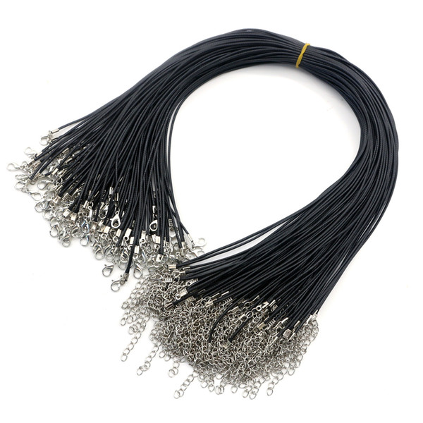 100pcs 1.5mm Black Leather Cord Wax Rope Chains Necklaces 45cm+5cm Extender Chain Lobster Clasp DIY Jewelry Accessories Wholesale