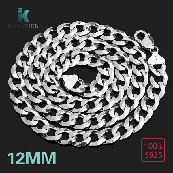 KASANIER 2019 100% Real S925 Sterling Silver Men Jewelry 12MM Width Mens Necklace Gift Curb Necklace Man and Woman Jewelry