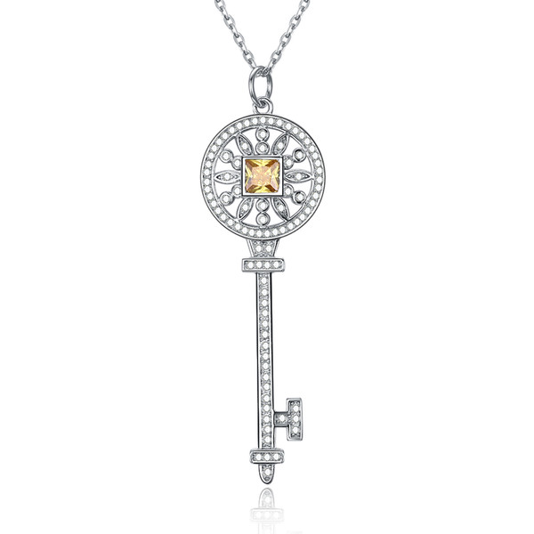 S925 Sterling Silver Keys Petals Key Pendant Necklace with White & Yellow Diamonds 100% 925 Silver Necklaces Best Valentines gift for women