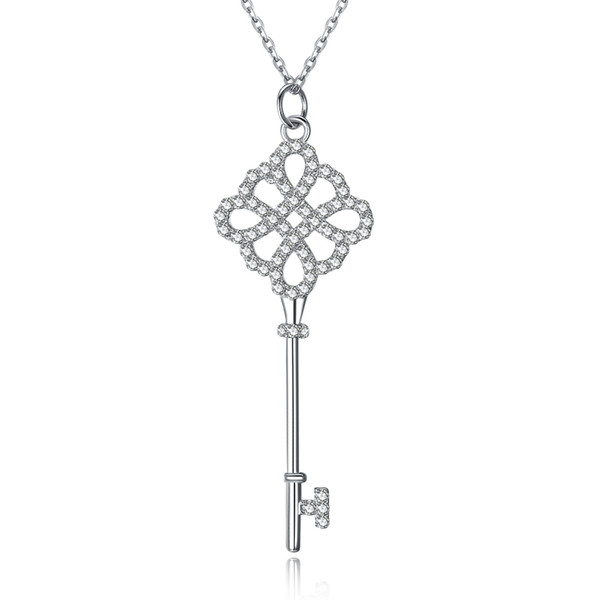 S925 Sterling Silver Keys Petals Key Pendant Necklace with Diamonds Chinese Knot Silver Necklaces Best Valentines gift for women