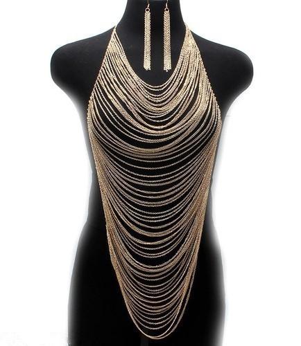 Multilayer Body Chains Earrings Europe Fashion Women Multi Curb Chain Metal Silver/Gold Tassel Body Chain Harness Necklace Pendants Jewelry