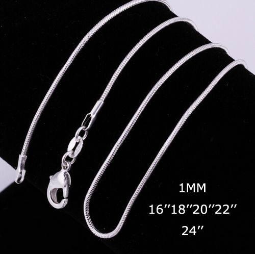 925 Sterling Silver Necklace 1mm Snake Chain Necklaces High quality Jewelry 16inch/18inch/20inch/22inch/24inch Free Shipping