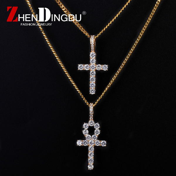 Iced Zircon Ankh Cross Necklace Set Gold Silver Copper Material Bling CZ Key To Life Egypt Cross Necklace Hip Hop Jewelry