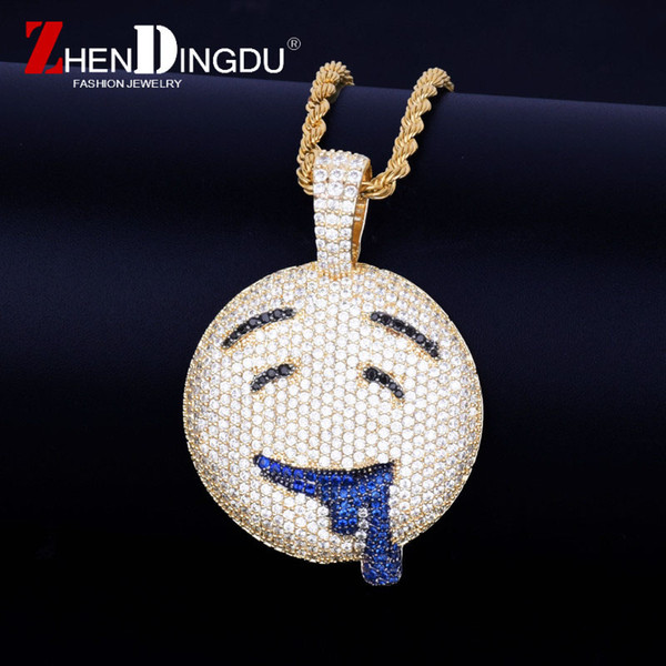 Drool Over Emoji Pendant With Tennis Chain Gold Silver Color Bling Cubic Zircon Men's Hip hop Necklace Jewelry For Gift