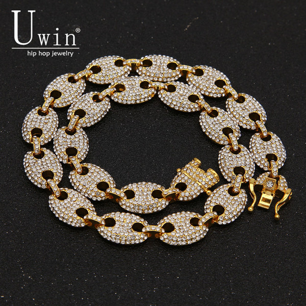 UWIN 13mm Coffee Bean Link Rhinestone Necklace Hip hop Fashion Punk Choker Chain Bling Bling Charms Jewelry 16inch,18inch,20inch