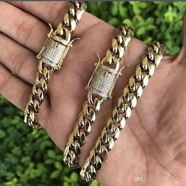 Cool Mens Chain 18k Gold Plated Tone Stainless Steel Necklace Curb Cuban Link Chain with Diamond Keylock Hip Hop Jewelry