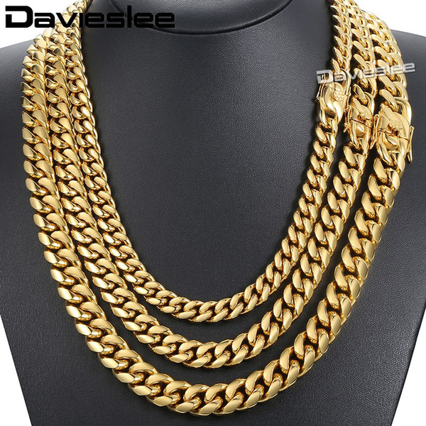 Davieslee Mens Necklace Chain Miami Curb Cuban 316L Stainless Steel Hip Hop Silver Gold Color 8/12/14mm LHNM19