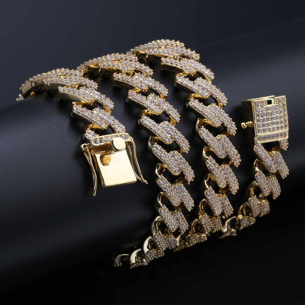 18K Real Gold Hip Hop Iced Out CZ Mens Cuban Square Link Chain Necklace 14mm Full Diamond Miami Rock Choker Jewelry Gifts for Boys on Sale