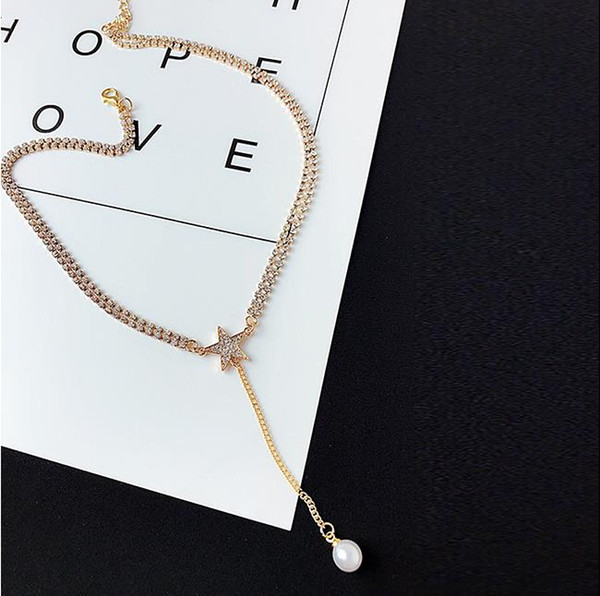 Europe and the United States short temperament pentagram pearl tassel crystal pendant necklace Han Guochao flash hipster short neck chain co