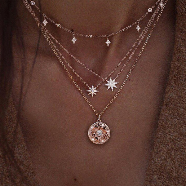 2019 European and American joker necklace quicksell retro simplicity star moon pearl multi-layer necklace HOTSELLING