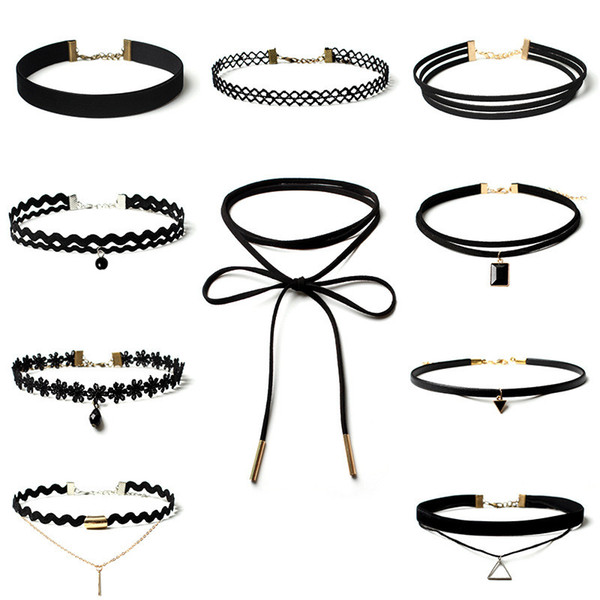 Hot Sales Women Jewelry Sets Black Choker Many Styles Layers Velvet Leather Lace Elastic Materials 8 Pieces/lots Necklaces