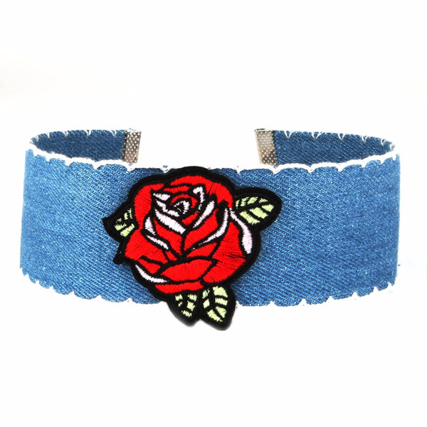 Rose Choker Embroidered Floral Statement Choker Necklace Boho Flower Blue Denim Chocker Maxi Necklaces