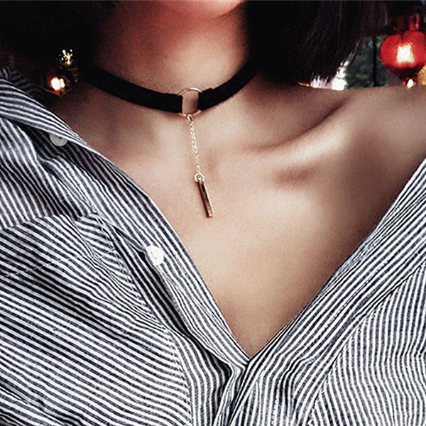 Gold Women Choker Necklaces Simple Punk Pendant Black Leather Chokers Trendy Chain Necklaces X178