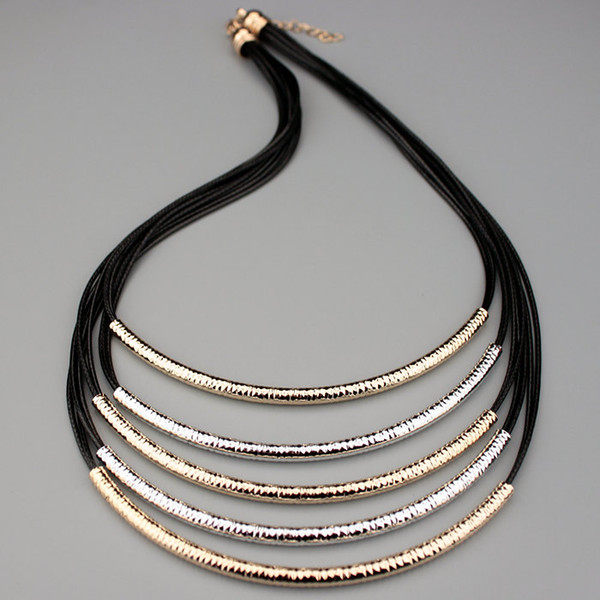 2016 New Jewelery Accessories Metal Tube Multilayer Black Leather Chain Necklaces for Women Statement Necklaces & Pendants X1646