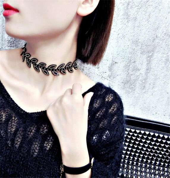 Fashion Vintage Punk Black Color Velvet Leaf Leaves Pendant Necklace Choker Chain Charm Jewelry Women