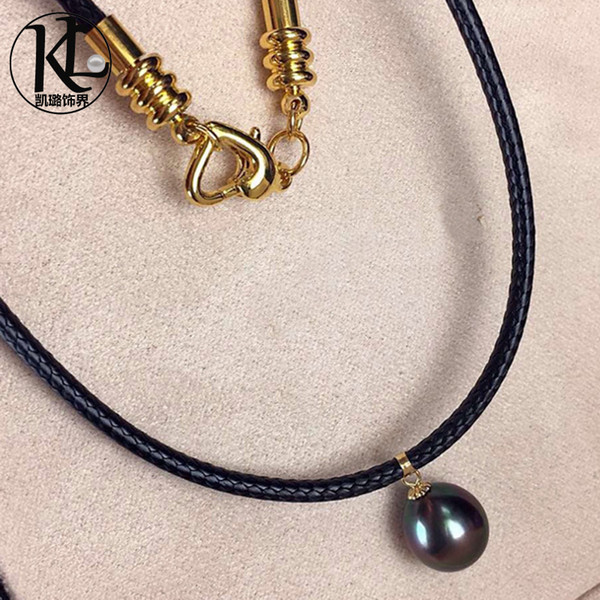 fashionable design Direct manufacturers 18K gold pendant with drop shape 9-10m Tahitian black pearl leather choker pendant necklace for girl