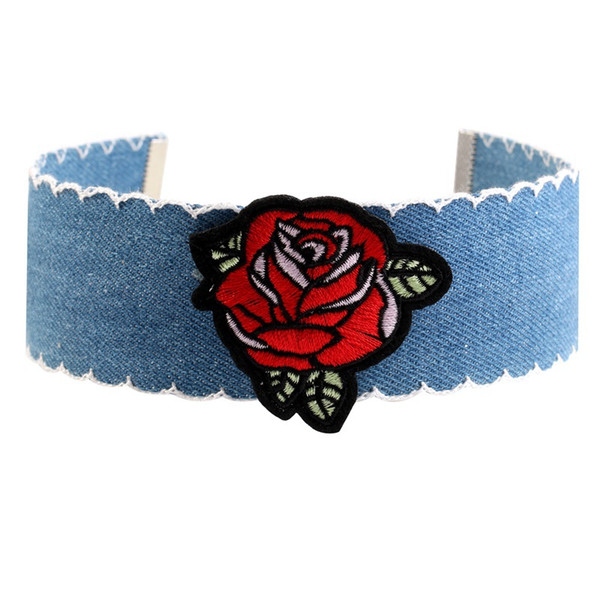 Denim Blue Rose Embroidery Cloth Choker Necklace For Women Gothic Punk Wide Wrap Necklace Choker Collar Creative Gift