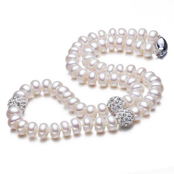 Natural Freshwater Necklace Pearls Jewelry Crystal Ball 925 sterling Silver Jewelry 45cm For Women Best Gifts