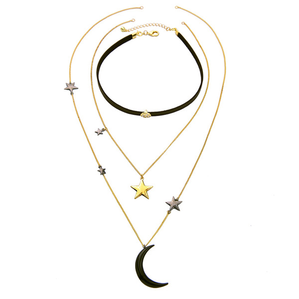 New Arrival Fashion Costum Jewelry Black Leather with Alloy Star Moon Pendant Multi-layer Choker Necklace for Women Collar