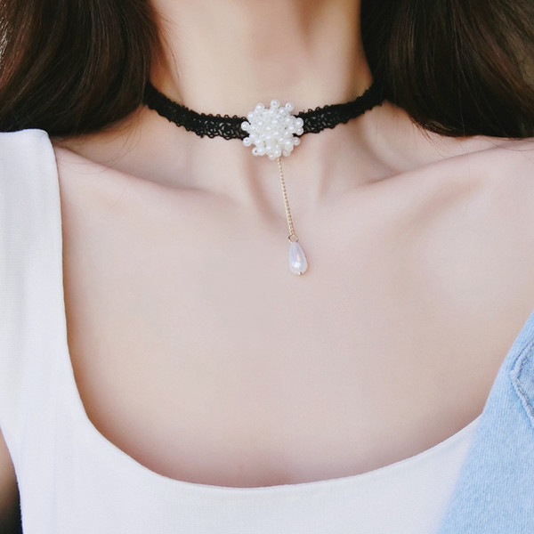 Wholesale Korea Designer chokers for girls gift Luxury white pearls flowers necklaces female silk lace chokers