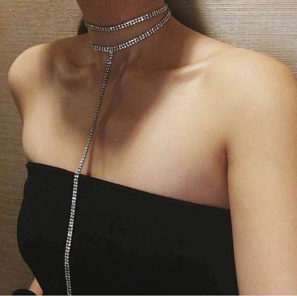 Fashion Necklace Jewelry European Popular Long Sweater Tassel Chain Necklace Luxury Studded Rhinestone Glittering Diamond Choker