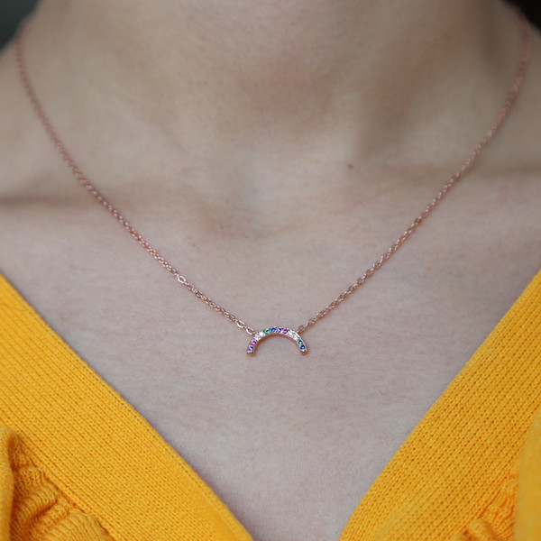 100% 925 sterling silver curved moon shape rainbow colorful cz necklace for women gold filled delicate minimalist femme jewelry