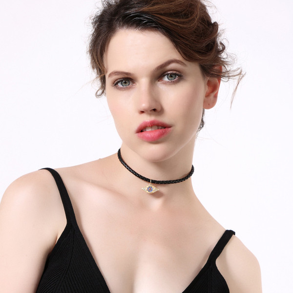 Fashion Cusom Jewelry Leather Cord Choker Necklace with Special Blue Eye Statement Necklace for Women Accessories