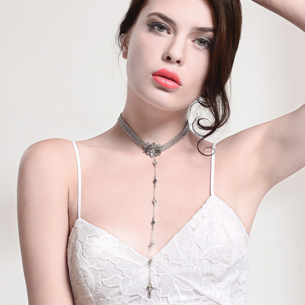 Sexy women vintage crystal flower metal choker with long line pendant, party holiday gift anniversary jewelry short necklaces