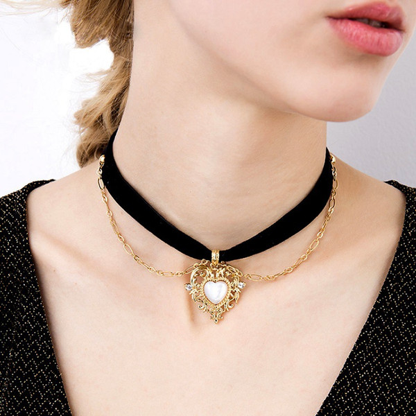 Vintage palace shell heart shape pendant necklace, royal court double-deck double layer lint choker for fashion women