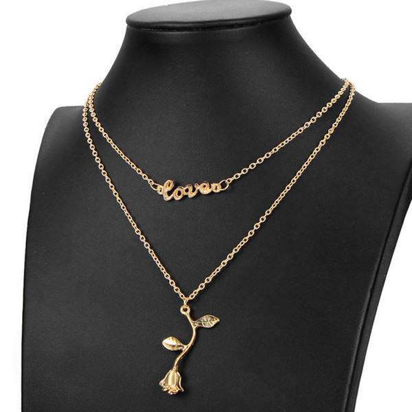 Double Layer Rose Letters Love Choker Necklace Women Chain Short Pendant Neckalce Gift for Love Couple Jewelry Accessories