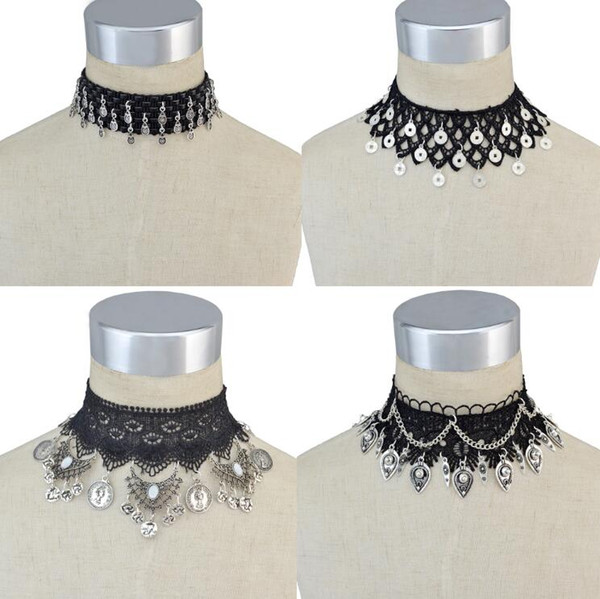 idealway Bohemian Gothic Style Black Lace Leather Wide Flower Chain Carved Metal Charms Choker Necklace Jewelry