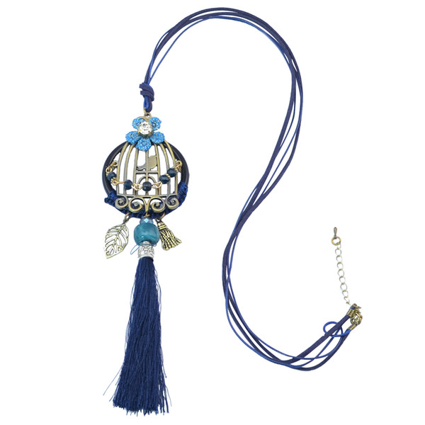 idealway Wine Blue Bohemian Leather Chain Theads Tassel Charms Crystal Rhinestone Flower Leaf Birdcage Pendant Necklace