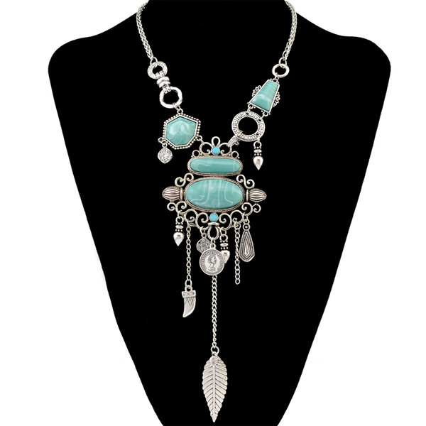 idealway Bohemian Silver Gold Fashion Inlay Irregular Geometry Blue Gem Coin Leaf Flower Coin Tassel Necklace