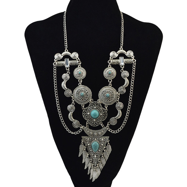 idealway Bohemian Style Silver Gold Plated Chain Carved Turquoise Gem Tassel Pendant Necklace