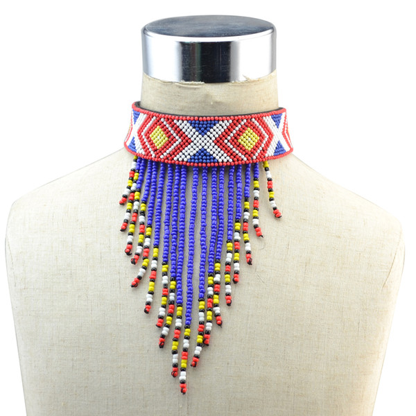 idealway Blue Red Fashion Bohemian Choker Adjustable Colorful Acrylic Beads Tassel Statement Necklace For Women Jewelry