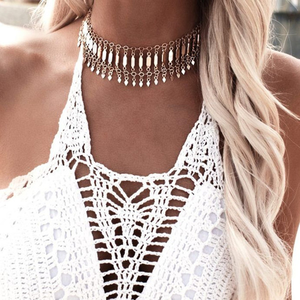 idealway Fashion Gold Plated Hollow Tassel Choker Chain Punk Necklace for Women Jewelry